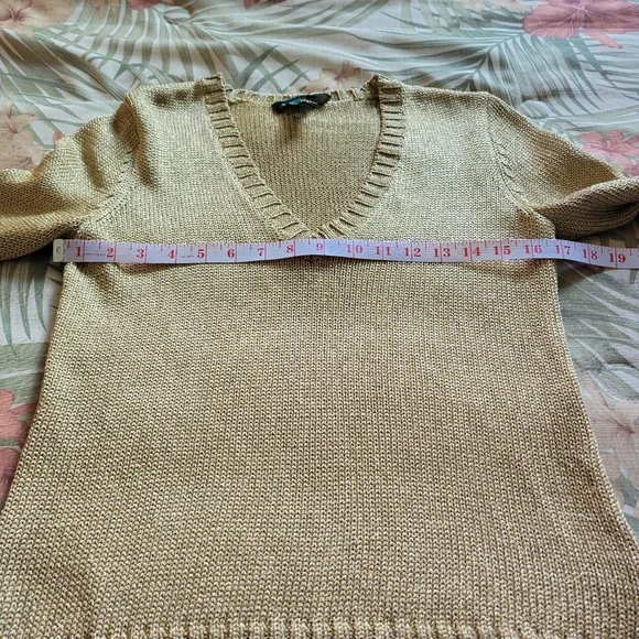 LAUREN Ralph Lauren Gold Metallic V Neck Nautical Sweater 3/4 Sleeve M - Picture 7 of 10